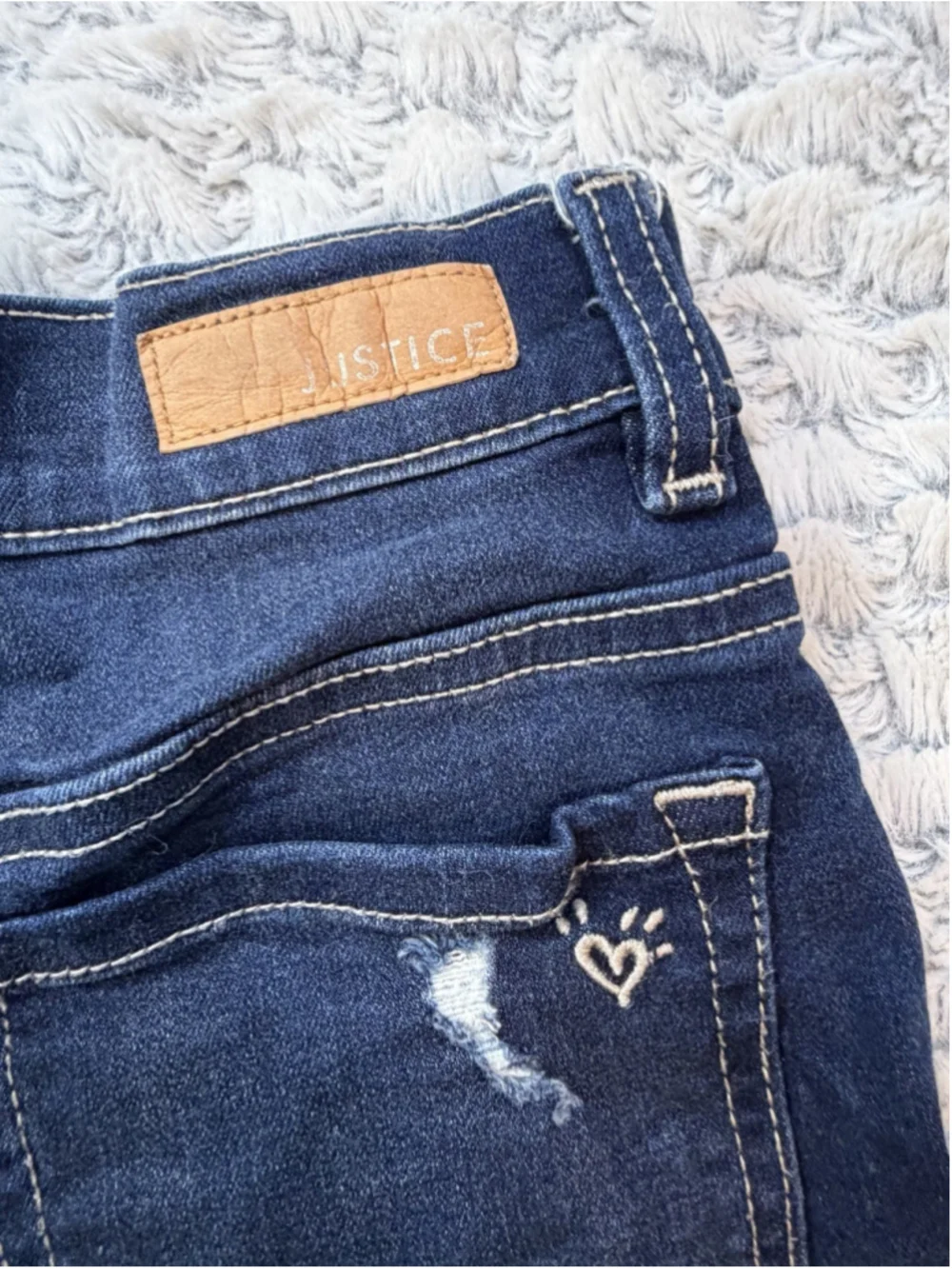 Justice Girls Size 10 Dark Wash Denim Shorts Distressed Cuffed Stretch Heart